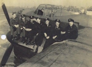 The crew, from left to right: P/O. Jock Hepburn D.F.M. Flight Engineer, P/O. Dennis Parrish Bomb Aimer, P/O. Gerald McPherson Rear Gunner. P/O. Ron Liversidge Navigator, P/O. Jim Mallinson Mid Upper Gunner, Flt./Lt. Jeff Clarson D.F.C. Pilot, W/O. Wilbert Perry Wireless Operator.