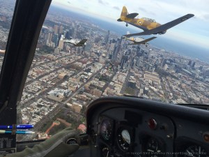 The RAAF Museum Heritage Trainer Flight turns towards the Shrine, Melbourne. Photo from one of the CT-4s in the formation courtesy Matt Henderson